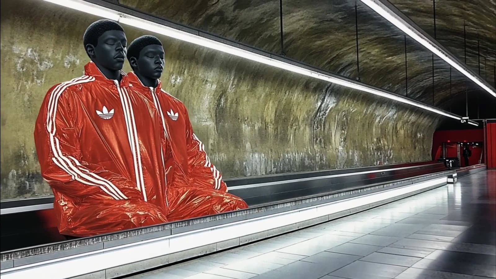 Två figurer i röda jackor står stilla på en rullande gångbana i tunnelbanan