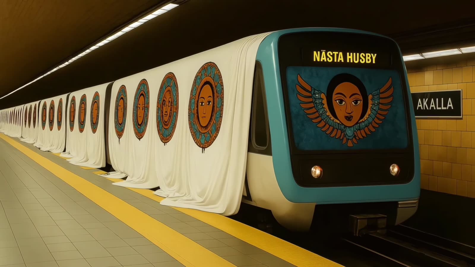 Tunnelbanetåg med skylten Nästa Husby och ett bevingat ansikte målat på fronten